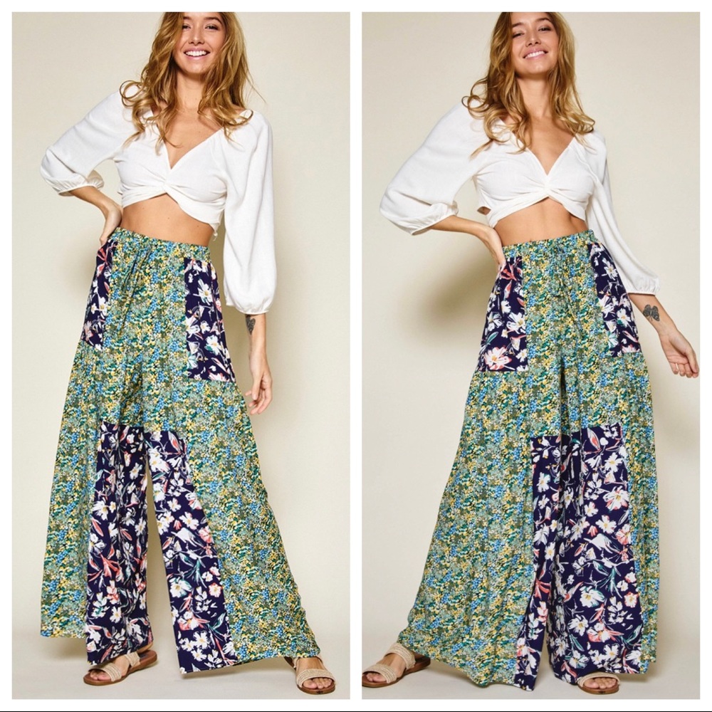 Lindsey boho chic wide leg mixed floral print pants - Picture 4 of 4